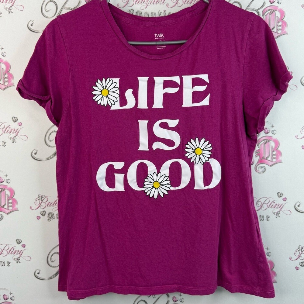 Twik T-shirt life is good flowers floral Magenta Tee with White Daisy Print